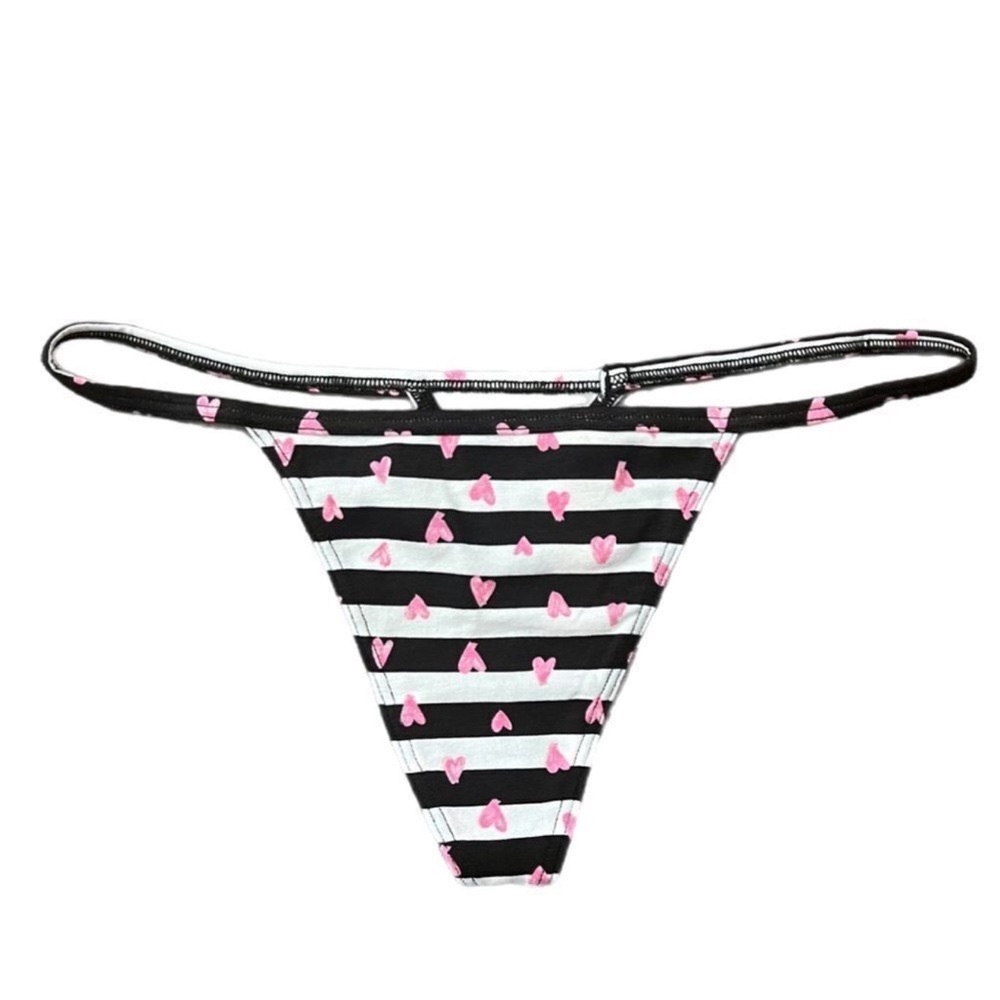VS Pink Black & White Striped with Pink Hearts Cotton V-String Panty-Small